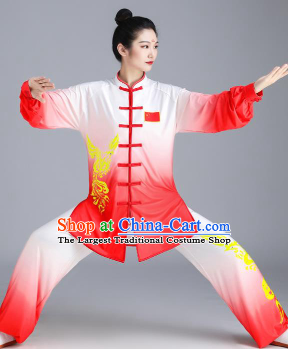 Chinese Tai Chi Training Gradient Red Uniforms Wushu Competition Printing Phoenix Outfits Martial Arts Clothing Kung Fu Costumes