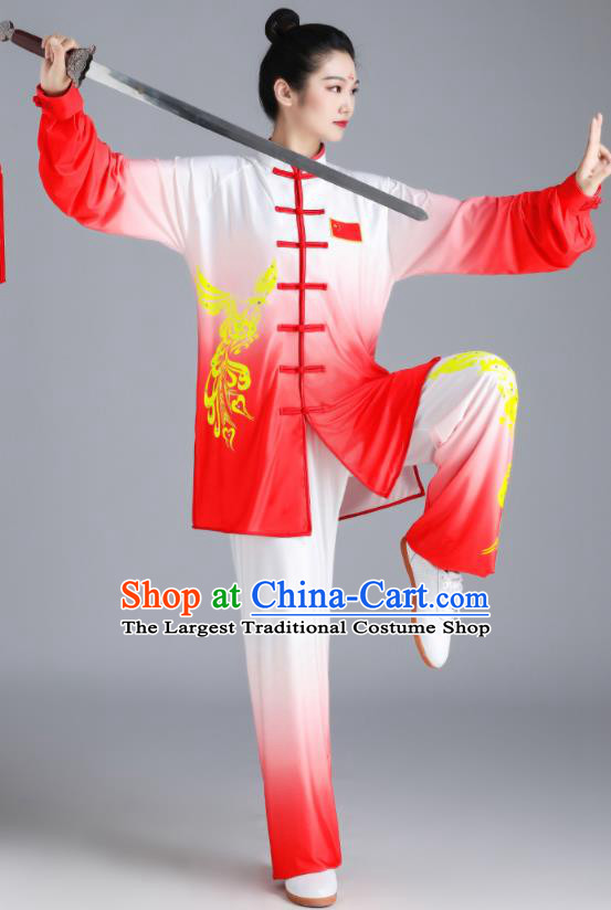 Chinese Tai Chi Training Gradient Red Uniforms Wushu Competition Printing Phoenix Outfits Martial Arts Clothing Kung Fu Costumes