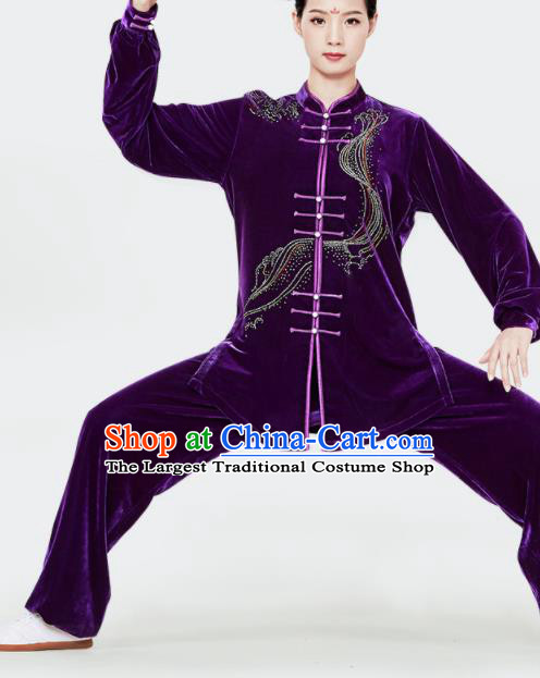 Chinese Kung Fu Garment Costumes Tai Chi Training Uniforms Wushu Competition Purple Pleuche Outfits Martial Arts Clothing