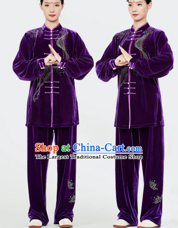 Chinese Kung Fu Garment Costumes Tai Chi Training Uniforms Wushu Competition Purple Pleuche Outfits Martial Arts Clothing
