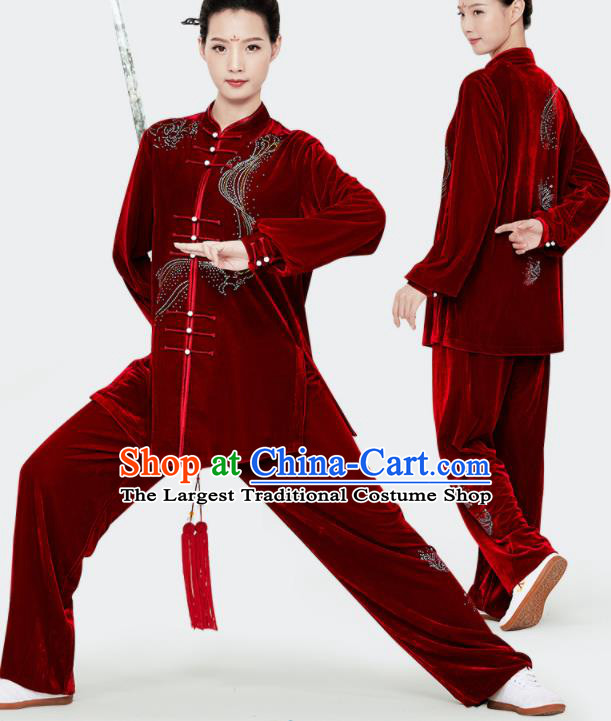 Chinese Martial Arts Clothing Kung Fu Garment Costumes Tai Chi Training Uniforms Wushu Competition Red Pleuche Outfits