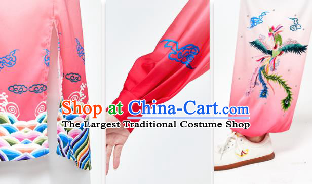 Chinese Tai Chi Printing Phoenix Pink Uniforms Wushu Competition Outfits Martial Arts Kung Fu Clothing Tai Ji Sword Garment Costumes