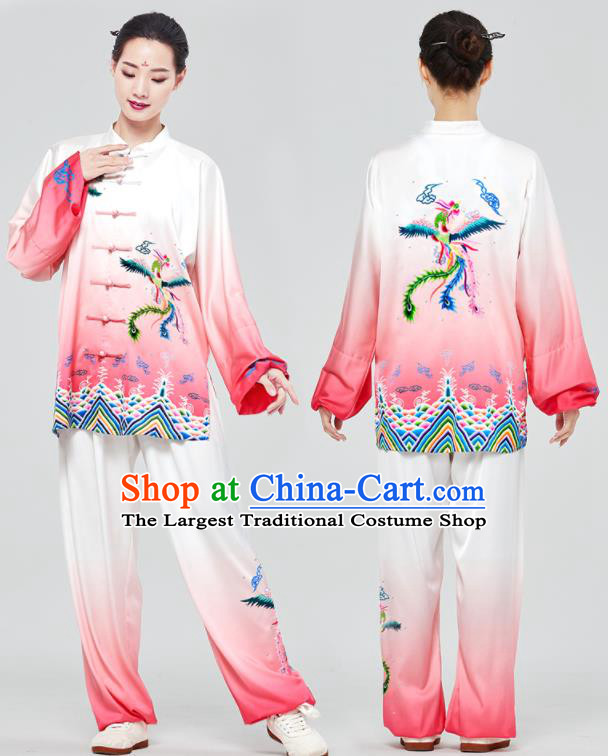 Chinese Tai Chi Printing Phoenix Pink Uniforms Wushu Competition Outfits Martial Arts Kung Fu Clothing Tai Ji Sword Garment Costumes