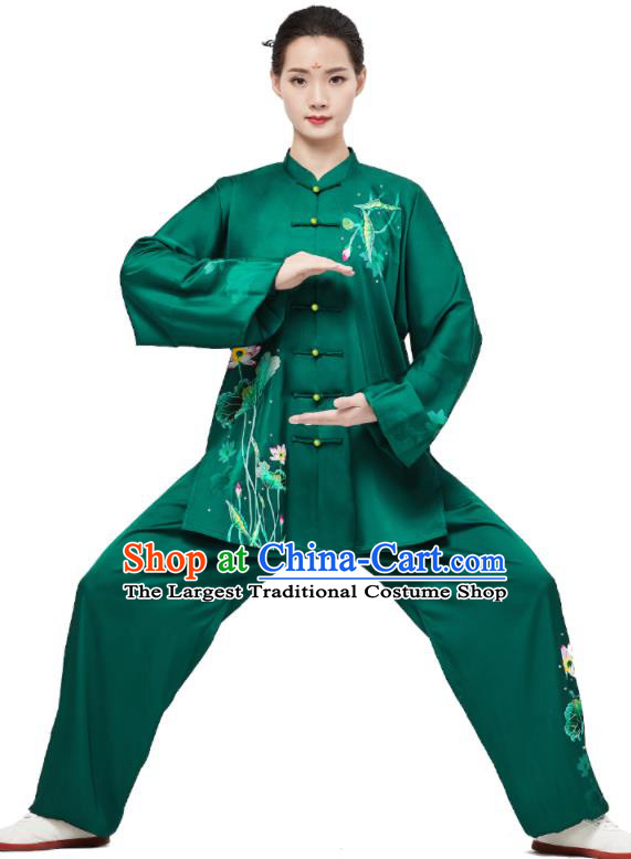 Chinese Martial Arts Kung Fu Clothing Tai Ji Sword Garment Costumes Tai Chi Printing Lotus Green Uniforms Wushu Competition Outfits
