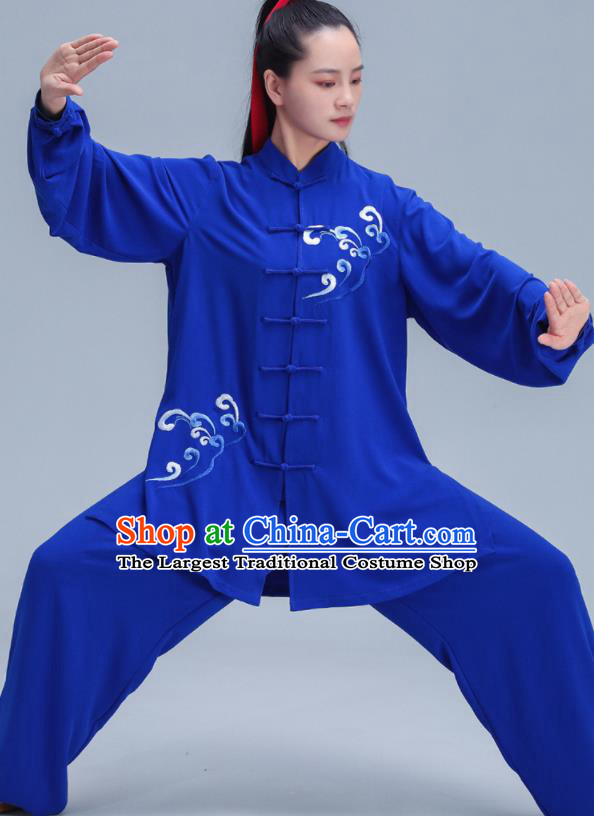 Chinese Martial Arts Embroidered Wave Clothing Tai Ji Competition Costumes Tai Chi Uniforms Kung Fu Training Royalblue Outfits