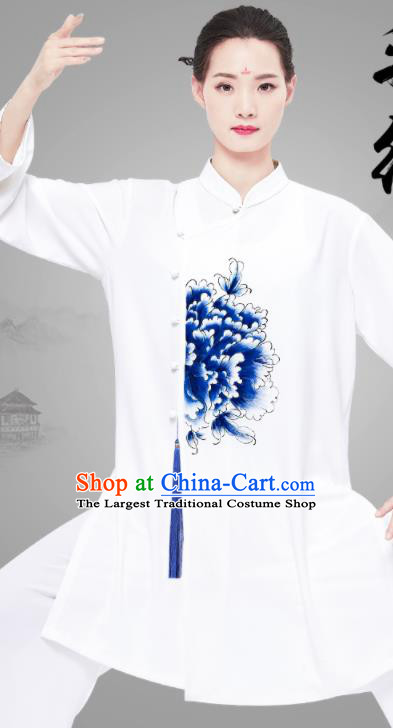 Chinese Martial Arts Kung Fu Clothing Tai Ji Garment Costumes Tai Chi Printing Peony White Uniforms Wushu Competition Outfits