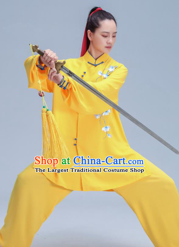 Chinese Tai Chi Uniforms Kung Fu Training Yellow Outfits Martial Arts Embroidered Clothing Tai Ji Competition Costumes