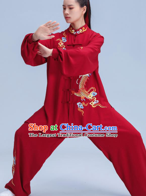 Chinese Tai Ji Competition Costumes Tai Chi Training Uniforms Kung Fu Red Outfits Martial Arts Embroidered Dragon Clothing