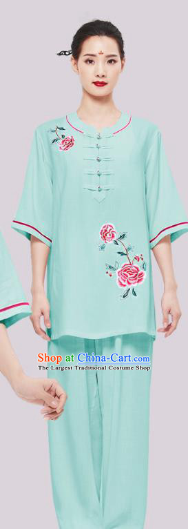 Chinese Tai Chi Clothing Kung Fu Painting Rose Green Uniforms Wushu Competition Garment Costumes Martial Arts Clothing