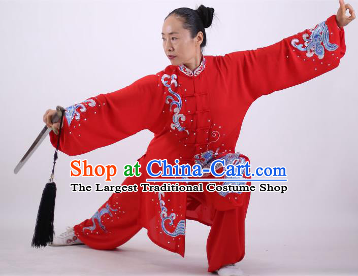 China Wushu Group Competition Clothing Martial Arts Outfits Kung Fu Tai Ji Costumes Tai Chi Performance Red Uniforms