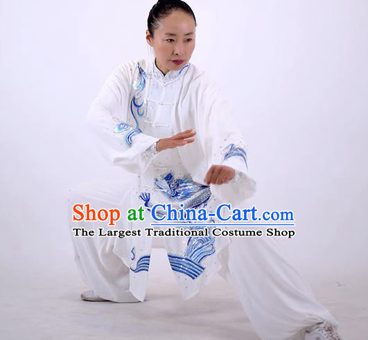 China Tai Chi Performance White Uniforms Wushu Group Competition Clothing Martial Arts Embroidered Sequins Dragon Outfits Kung Fu Tai Ji Costumes