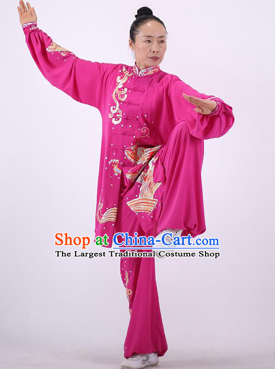 China Kung Fu Tai Ji Costumes Tai Chi Performance Rosy Uniforms Wushu Group Competition Clothing Martial Arts Embroidered Sequins Dragon Outfits