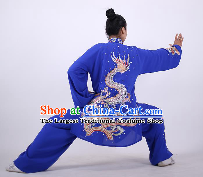 China Martial Arts Embroidered Sequins Dragon Outfits Kung Fu Tai Ji Costumes Tai Chi Performance Royalblue Uniforms Wushu Group Competition Clothing