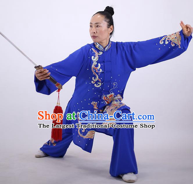 China Martial Arts Embroidered Sequins Dragon Outfits Kung Fu Tai Ji Costumes Tai Chi Performance Royalblue Uniforms Wushu Group Competition Clothing
