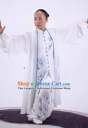 China Tai Chi Performance Uniforms Wushu Group Competition Clothing Martial Arts Painting Peony White Outfits Kung Fu Costumes