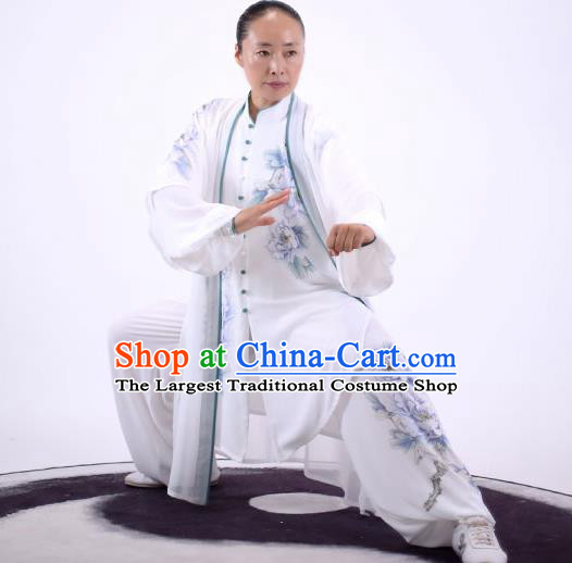 China Tai Chi Performance Uniforms Wushu Group Competition Clothing Martial Arts Painting Peony White Outfits Kung Fu Costumes