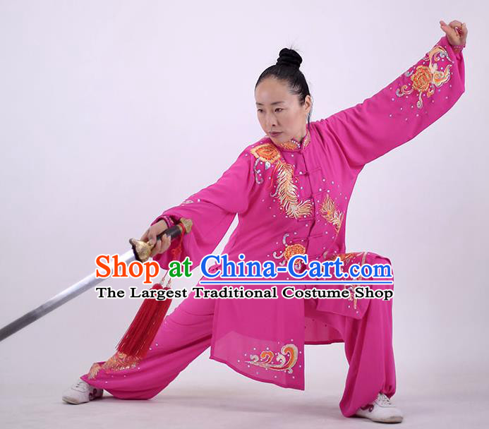 China Martial Arts Embroidered Rosy Outfits Kung Fu Performance Costumes Tai Chi Uniforms Wushu Group Competition Clothing