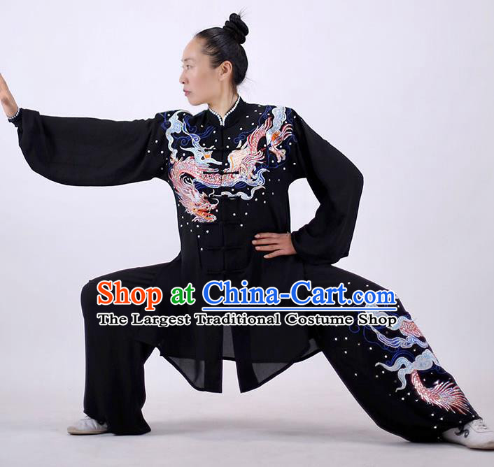 China Martial Arts Embroidered Dragon Outfits Kung Fu Costumes Tai Chi Performance Black Uniforms Wushu Group Competition Clothing