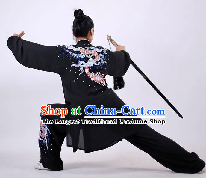 China Martial Arts Embroidered Dragon Outfits Kung Fu Costumes Tai Chi Performance Black Uniforms Wushu Group Competition Clothing