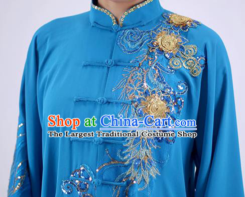 China Tai Chi Performance Blue Uniforms Wushu Competition Clothing Martial Arts Group Outfits Kung Fu Embroidered Costumes