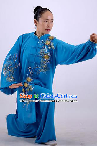 China Tai Chi Performance Blue Uniforms Wushu Competition Clothing Martial Arts Group Outfits Kung Fu Embroidered Costumes