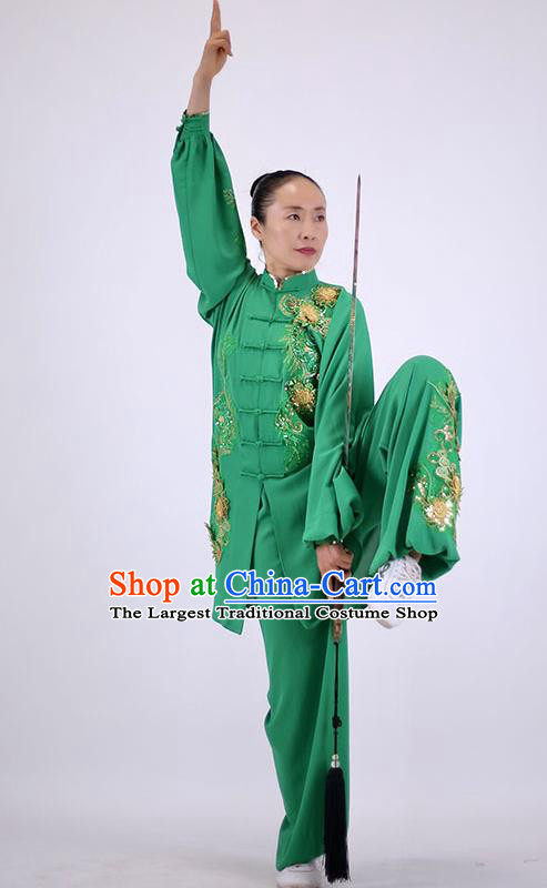 China Kung Fu Embroidered Costumes Tai Chi Performance Green Uniforms Wushu Competition Clothing Martial Arts Group Outfits