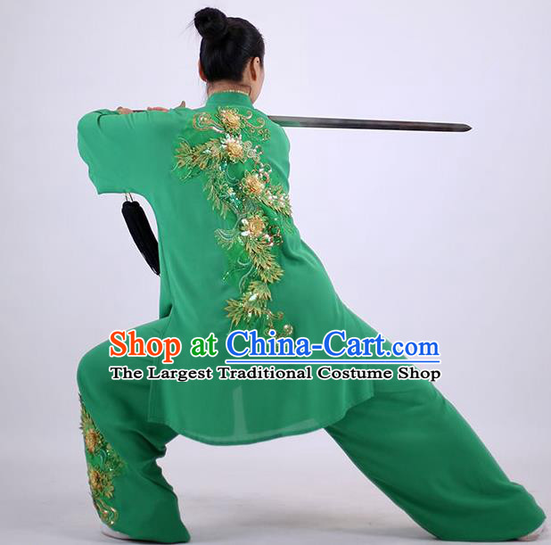 China Kung Fu Embroidered Costumes Tai Chi Performance Green Uniforms Wushu Competition Clothing Martial Arts Group Outfits