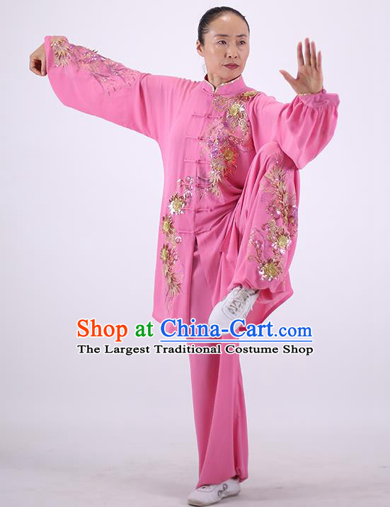 China Wushu Group Competition Clothing Martial Arts Outfits Kung Fu Embroidered Costumes Tai Chi Pink Uniforms