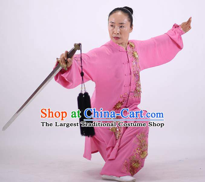 China Wushu Group Competition Clothing Martial Arts Outfits Kung Fu Embroidered Costumes Tai Chi Pink Uniforms