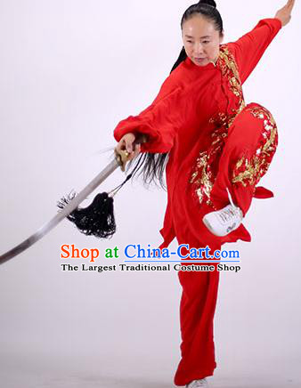 China Kung Fu Embroidered Phoenix Costumes Tai Chi Chuan Red Uniforms Martial Arts Group Competition Clothing Wushu Show Outfits