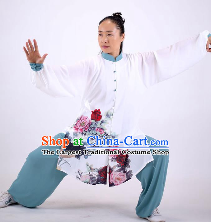 China Kung Fu Painting Peony Costumes Tai Chi Performance White Uniforms Martial Arts Clothing Tai Ji Wushu Competition Outfits