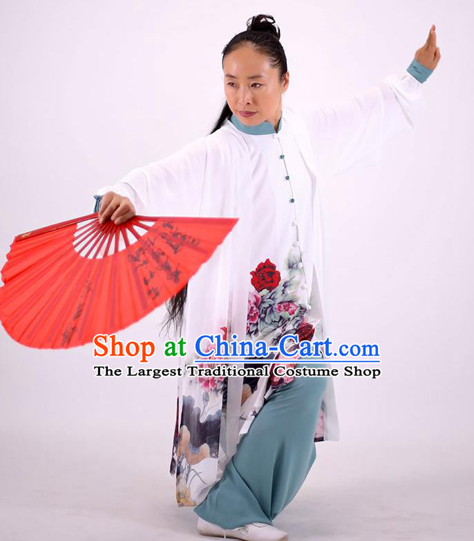 China Kung Fu Painting Peony Costumes Tai Chi Performance White Uniforms Martial Arts Clothing Tai Ji Wushu Competition Outfits
