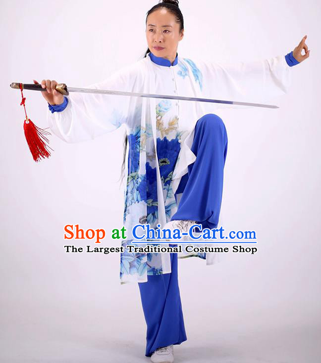 China Wushu Competition Outfits Tai Ji Kung Fu Painting Peony Costumes Tai Chi Performance Blue Uniforms Martial Arts Clothing