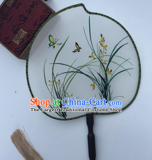 China Suzhou Embroidery Orchids Palace Fan Peach Shape Silk Fan Traditional Hanfu Fan Classical Cheongsam Dance Fans