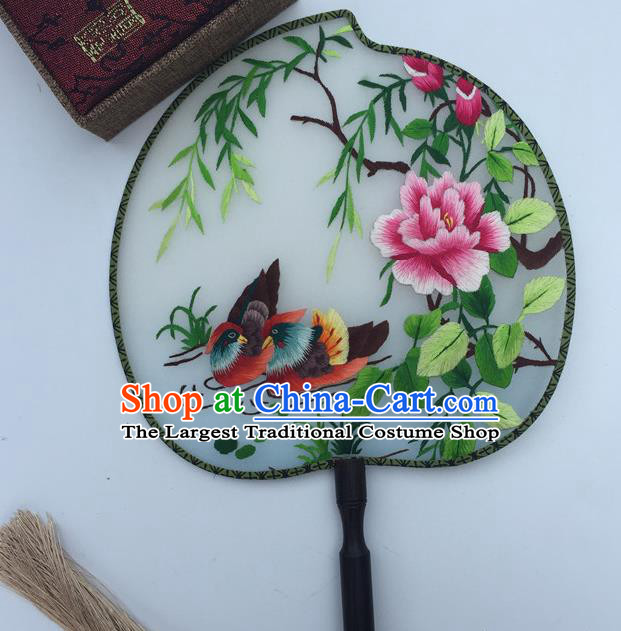 China Classical Cheongsam Dance Fans Suzhou Embroidery Mandarin Duck Palace Fan Handmade Peach Shape Silk Fan Traditional Hanfu Fan