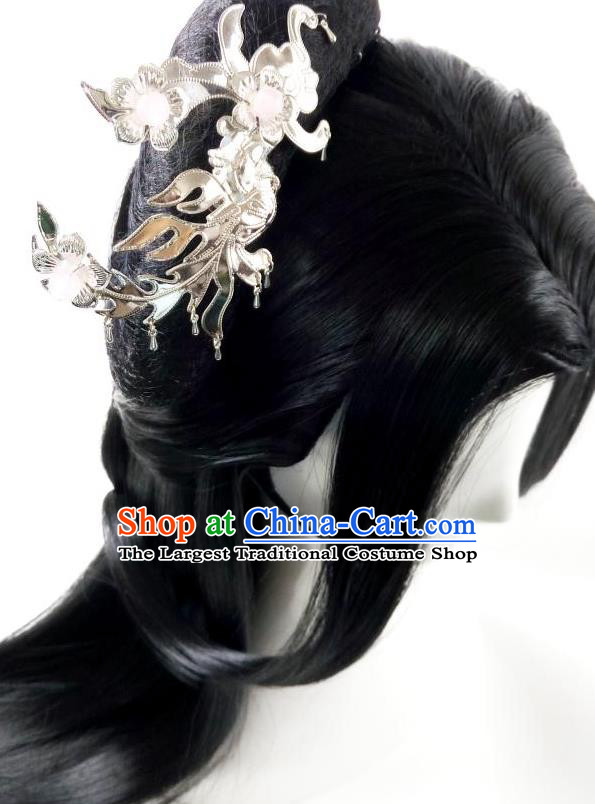 China Ancient Female Knight Wigs Traditional Drama Hanfu Chignon Hairpieces Cosplay Swordswoman Black Wig Sheath