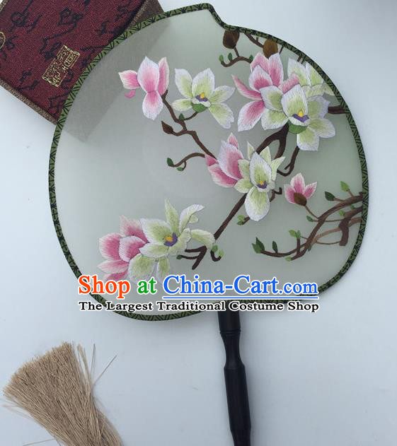 China Traditional Cheongsam Dance Fan Classical Double Side Silk Fans Suzhou Embroidery Mangnolia Fan Handmade Peach Shape Palace Fan