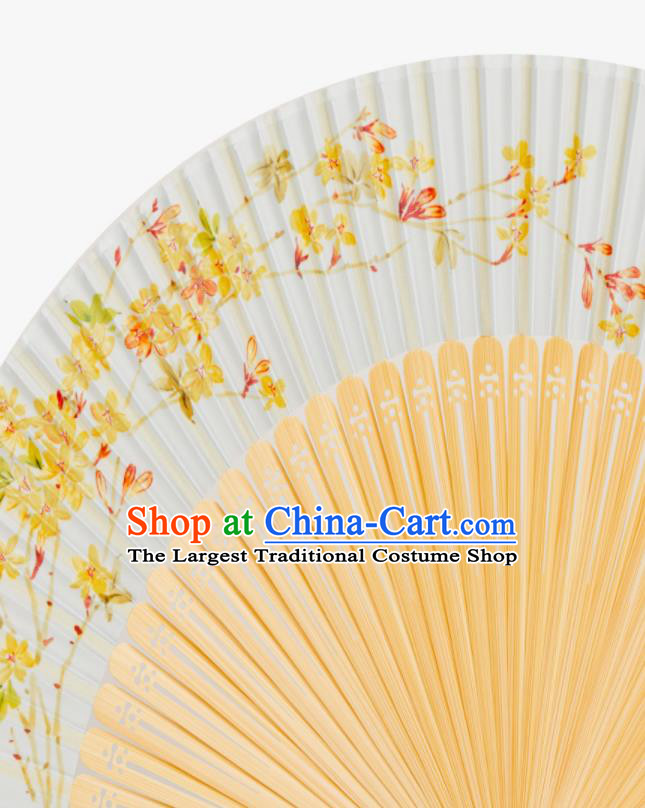 Handmade Chinese Female Accordion Craft Fans Printing Winter Jasmine Folding Fan Bamboo Fan
