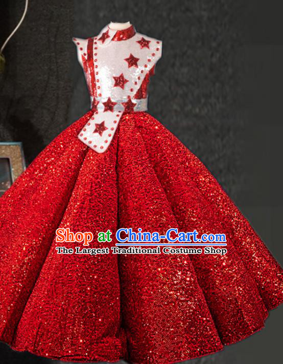 Top Girl Catwalks Red Sequins Dress Children Stage Show Clothing Girls Chorus Formal Evening Wear Costume