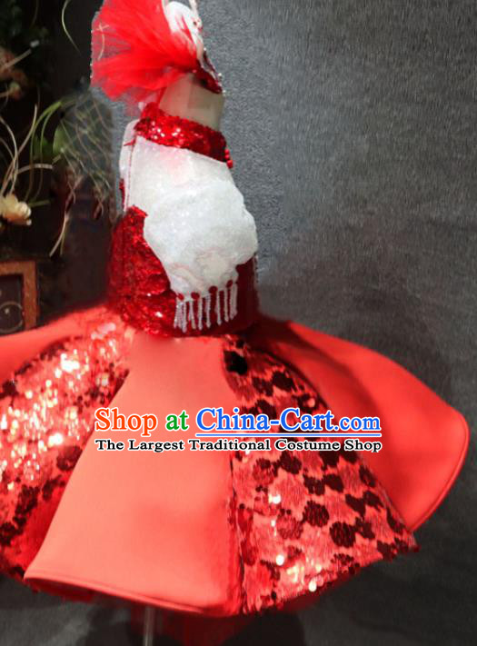 Top Girls Chorus Formal Evening Wear Costume Girl Catwalks Red Bubble Dress Children Stage Show Clothing