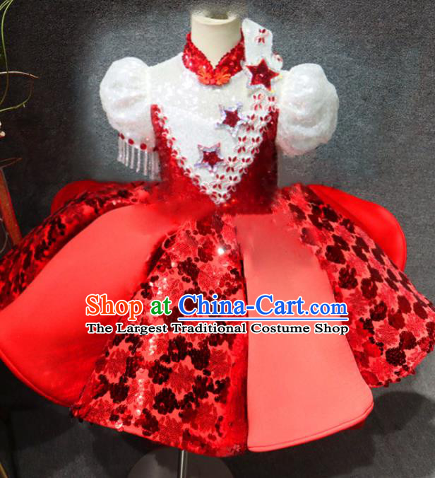 Top Girls Chorus Formal Evening Wear Costume Girl Catwalks Red Bubble Dress Children Stage Show Clothing
