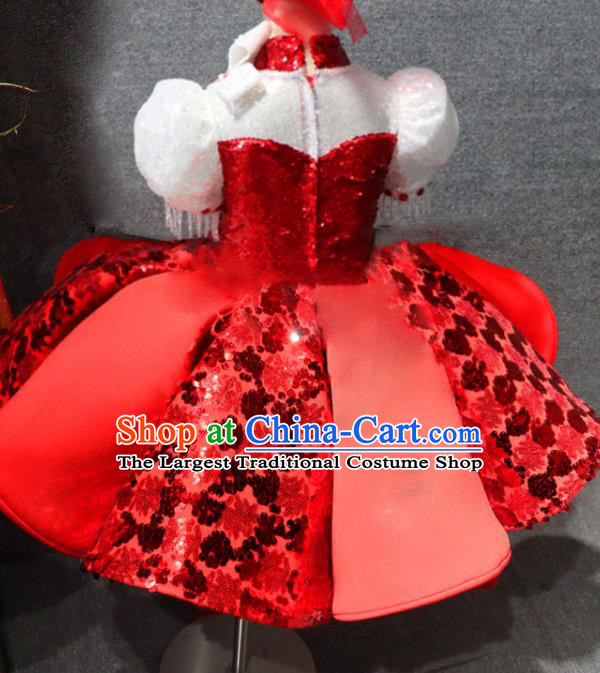 Top Girls Chorus Formal Evening Wear Costume Girl Catwalks Red Bubble Dress Children Stage Show Clothing