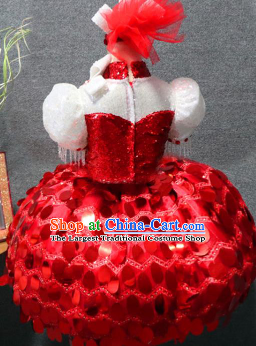 Top Girl Catwalks Red Bubble Dress Children Stage Show Clothing Girls Compere Formal Evening Wear Costume