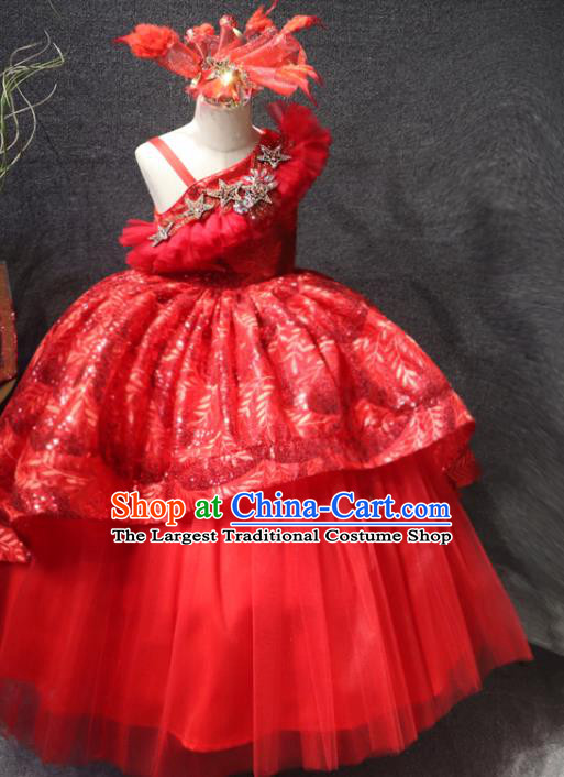 Top Girls Compere Formal Evening Wear Costume Girl Catwalks Red Veil Long Dress Children Stage Show Clothing