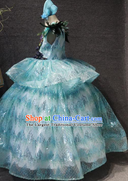 Top Children Stage Show Embroidered Sequins Clothing Girls Compere Formal Evening Wear Costume Girl Catwalks Blue Long Dress