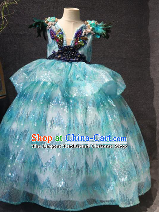 Top Children Stage Show Embroidered Sequins Clothing Girls Compere Formal Evening Wear Costume Girl Catwalks Blue Long Dress