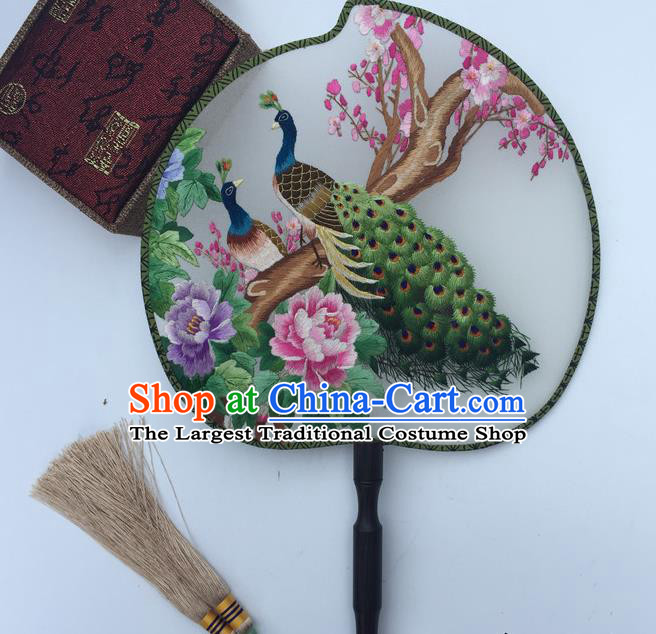 China Classical Cheongsam Dance Fans Suzhou Embroidery Peacock Peony Silk Fan Handmade Peach Shape Fan Traditional Palace Fan