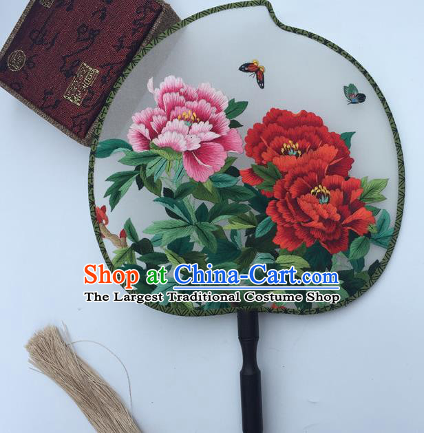 China Suzhou Embroidery Peony Fan Handmade White Silk Peach Shape Fan Traditional Cheongsam Palace Fan Classical Dance Fans
