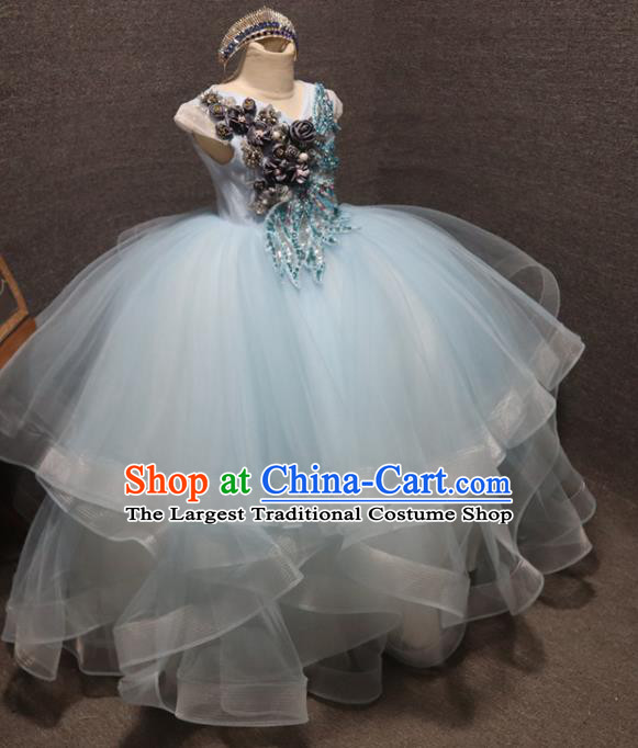 Top Girls Compere Formal Evening Wear Girl Catwalks Blue Veil Long Dress Children Stage Show Embroidered Sequins Clothing
