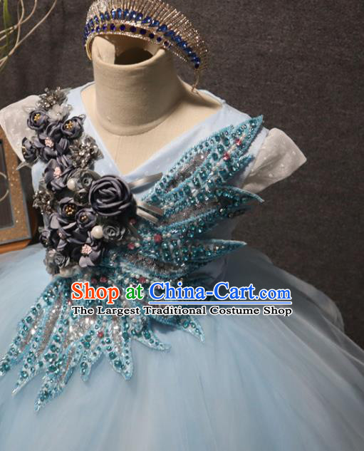 Top Girls Compere Formal Evening Wear Girl Catwalks Blue Veil Long Dress Children Stage Show Embroidered Sequins Clothing